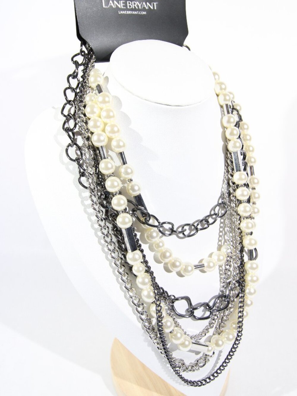 NWT Lane Bryant Multi-Stand Necklace in Silver and Gunmetal-Tone with Faux Pearl